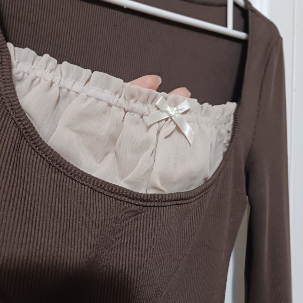 Earth Brown Soft Longsleeve Top with Sheer Ruffled Panel